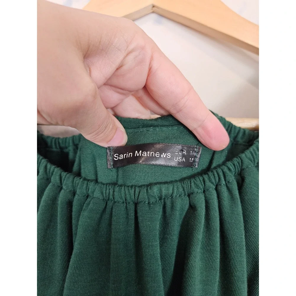 Sarin Mathews Maxi Dress M Green Off Shoulder Ruffle Side Slit Boho Cottagecore